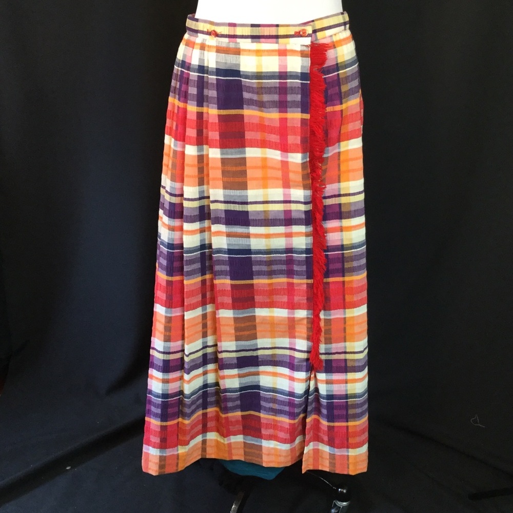 Seersucker Plaid Maxi Skirt with Fringe Trim M